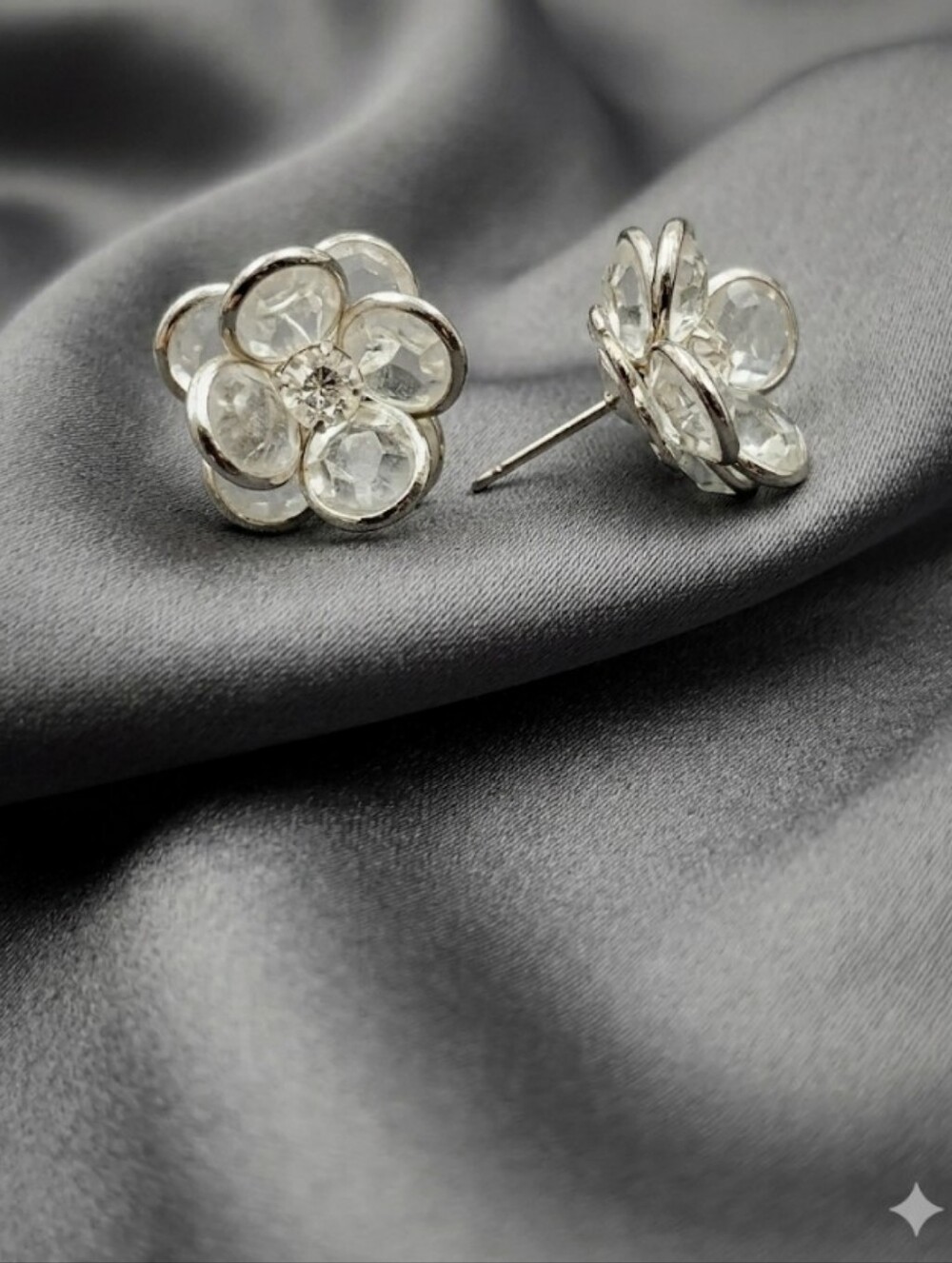 Stunning Silver Floral Crystal Cluster Blossom Stud Earrings